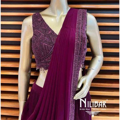 Plum Lycra Draped Saree