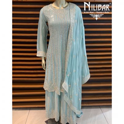Ash Blue Chinon Sharara Suit
