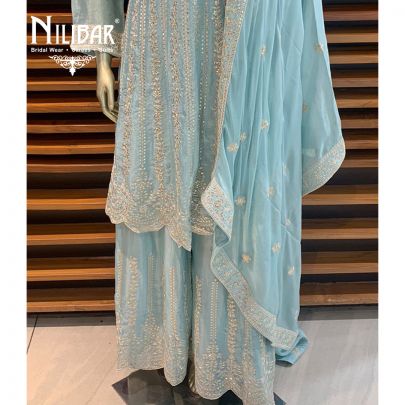 Ash Blue Chinon Sharara Suit