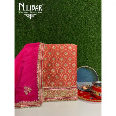 Carrot Pink And Magenta Silk Chinon Unstitched Suit