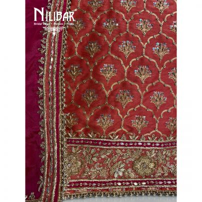 Carrot Pink And Magenta Silk Chinon Unstitched Suit