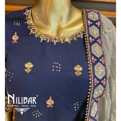 Midnight Blue Gray dupatta Silk Chinon Suit