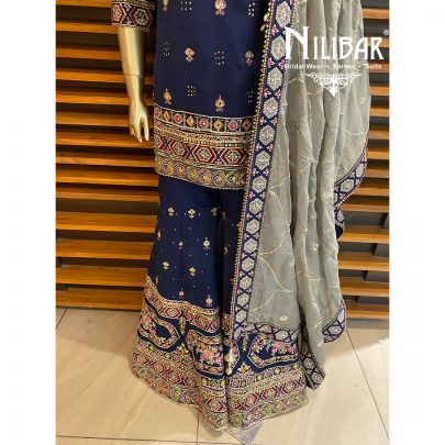 Midnight Blue Gray dupatta Silk Chinon Suit