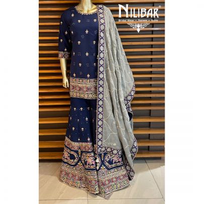 Midnight Blue Gray dupatta Silk Chinon Suit
