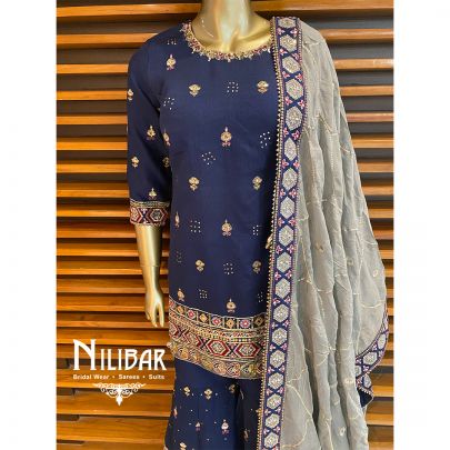 Midnight Blue Gray dupatta Silk Chinon Suit