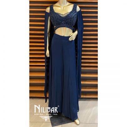 Blue Chinon Embroidered Palazzo Set