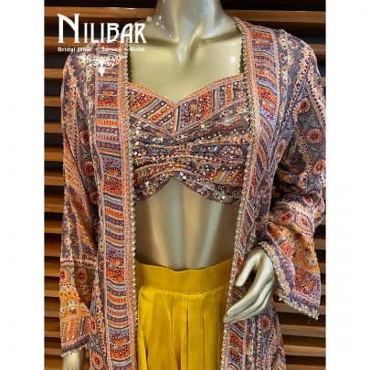Yellow Georgette Satin Embroidered 3 Piece Set.