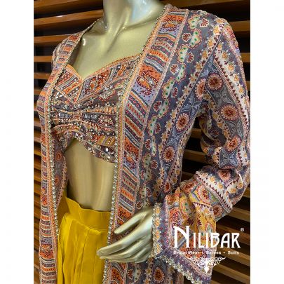 Yellow Georgette Satin Embroidered 3 Piece Set.