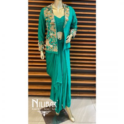 Green Silk Satin Blazer Set 