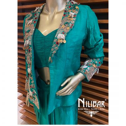 Green Silk Satin Blazer Set 