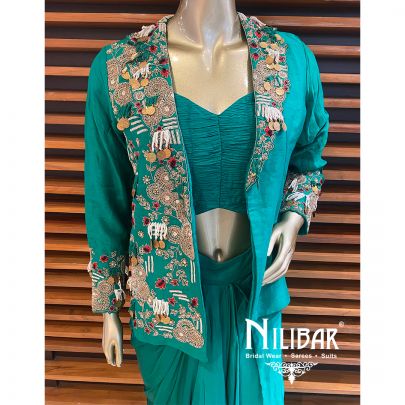 Green Silk Satin Blazer Set 