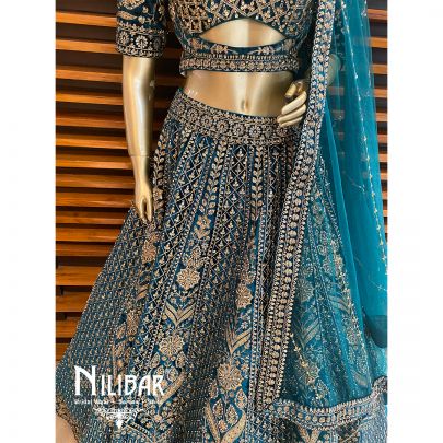 Rama Green Velvet Cutdana Lehenga