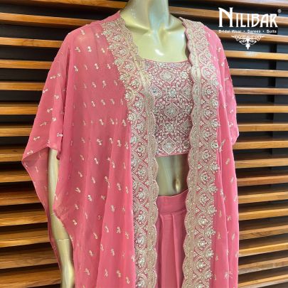 Dusty Pink Georgette Jacket Style Set With Draped Skirt