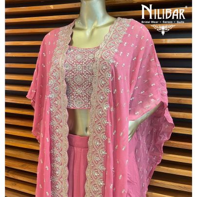 Dusty Pink Georgette Jacket Style Set With Draped Skirt