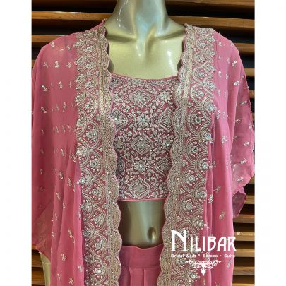 Dusty Pink Georgette Jacket Style Set With Draped Skirt