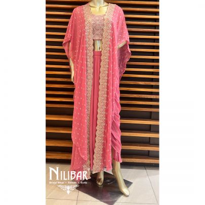 Dusty Pink Georgette Jacket Style Set With Draped Skirt