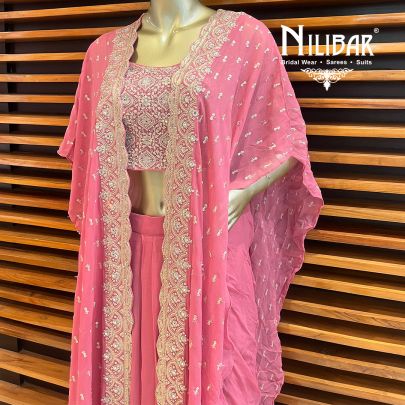 Dusty Pink Georgette Jacket Style Set With Draped Skirt