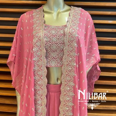 Dusty Pink Georgette Jacket Style Set With Draped Skirt