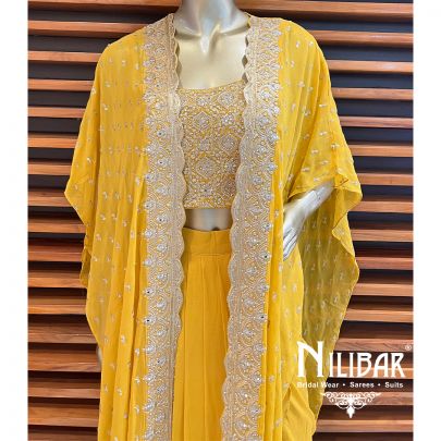 Yellow Georgette Jacket Style Set With Draped Skirt