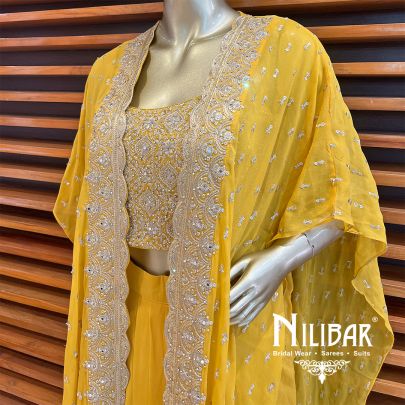 Yellow Georgette Jacket Style Set With Draped Skirt