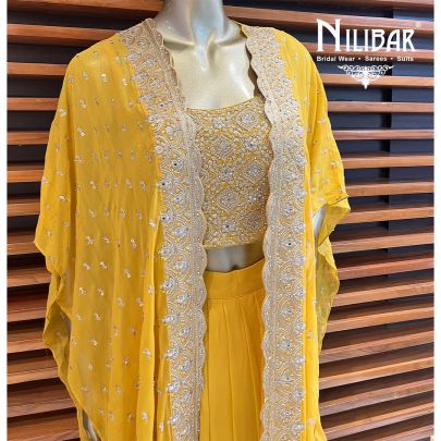 Yellow Georgette Jacket Style Set With Draped Skirt