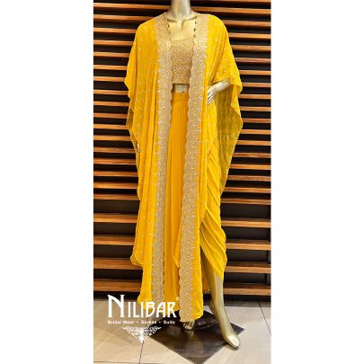 Yellow Georgette Jacket Style Set With Draped Skirt