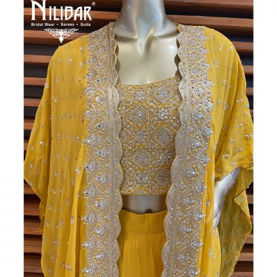 Yellow Georgette Jacket Style Set With Draped Skirt