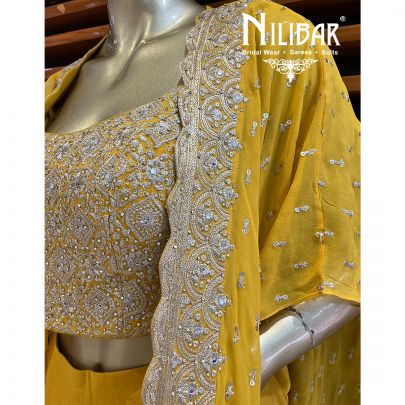 Yellow Georgette Jacket Style Set With Draped Skirt