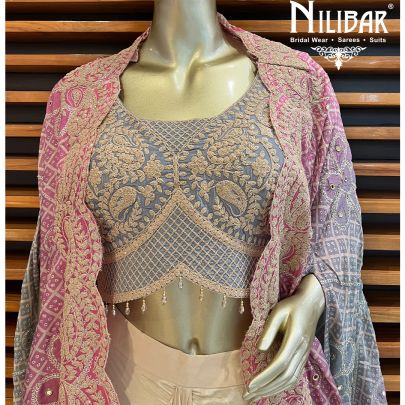  Multicolor Crepe Jacket Style Set With Draped Skirt