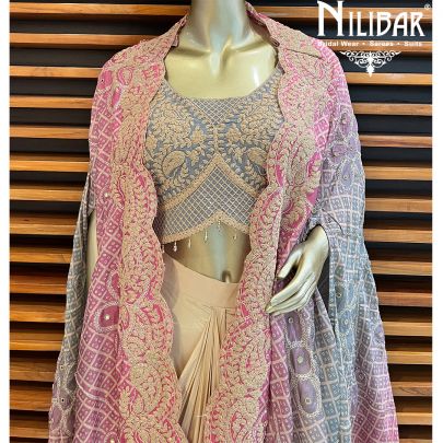  Multicolor Crepe Jacket Style Set With Draped Skirt