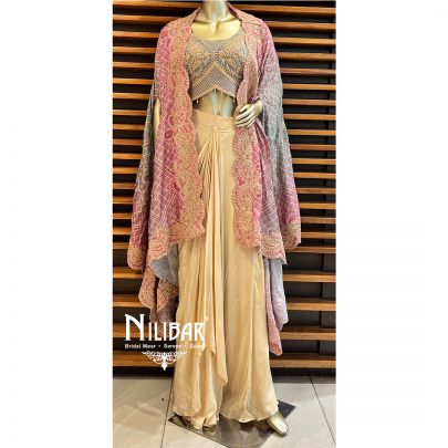  Multicolor Crepe Jacket Style Set With Draped Skirt
