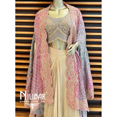  Multicolor Crepe Jacket Style Set With Draped Skirt