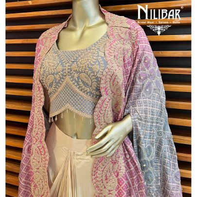  Multicolor Crepe Jacket Style Set With Draped Skirt