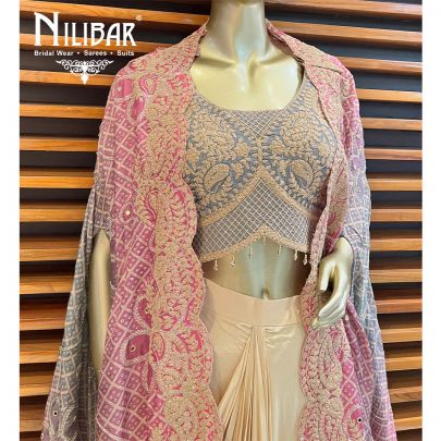  Multicolor Crepe Jacket Style Set With Draped Skirt