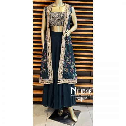 Bottle Green Georgette Organza Jacket Style Set With Draped Skirt