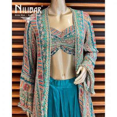 Multicolor Pine Green Georgette Satin Jacket With Harem Salwar