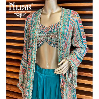 Multicolor Pine Green Georgette Satin Jacket With Harem Salwar