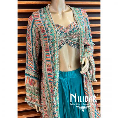 Multicolor Pine Green Georgette Satin Jacket With Harem Salwar