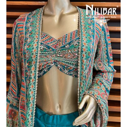 Multicolor Pine Green Georgette Satin Jacket With Harem Salwar