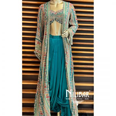 Multicolor Pine Green Georgette Satin Jacket With Harem Salwar