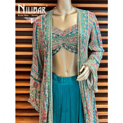 Multicolor Pine Green Georgette Satin Jacket With Harem Salwar