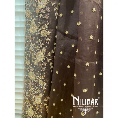 Mustard And Coffee Crepe Organza Suit