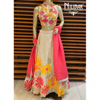 Fawn Crepe Organza Printed Lehenga