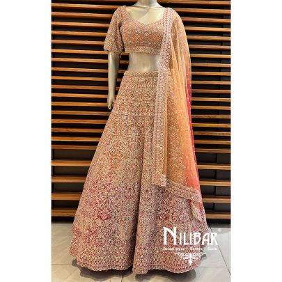 Orange With Cherry Red Net Lehenga