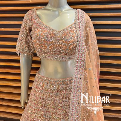 Orange With Cherry Red Net Lehenga