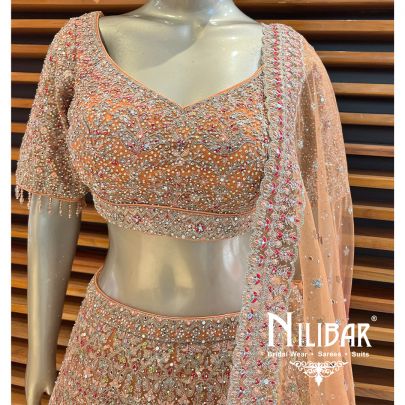 Orange With Cherry Red Net Lehenga