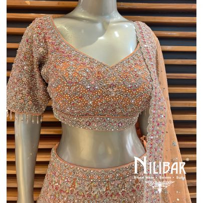 Orange With Cherry Red Net Lehenga