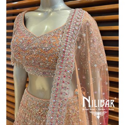 Orange With Cherry Red Net Lehenga