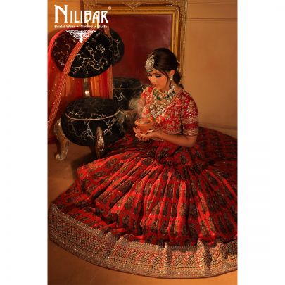 mehroon Silk and Chinon Bridal  Lehenga