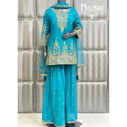 Sky Blue Chinon Palazzo Suit